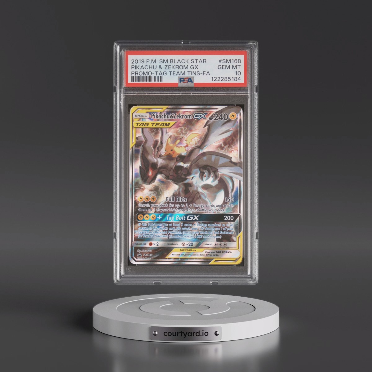 2019 Pokémon SM Black Star Promo #SM168 Pikachu & Zekrom GX - Holo Full Art Tag Team Tins (PSA 10 GEM MINT)