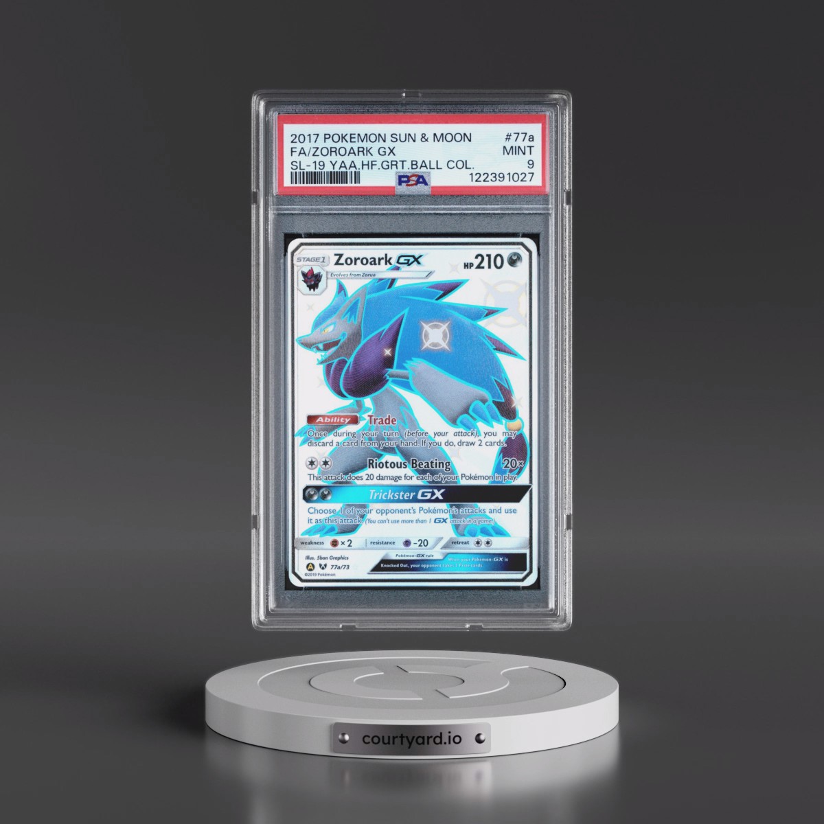 2017 Pokémon Sun & Moon Shining Legends #77a Zoroark GX - Holo Full Art 2019 Yellow A Alternate Art Hidden Fates Great Ball Collection (PSA 9 MINT)