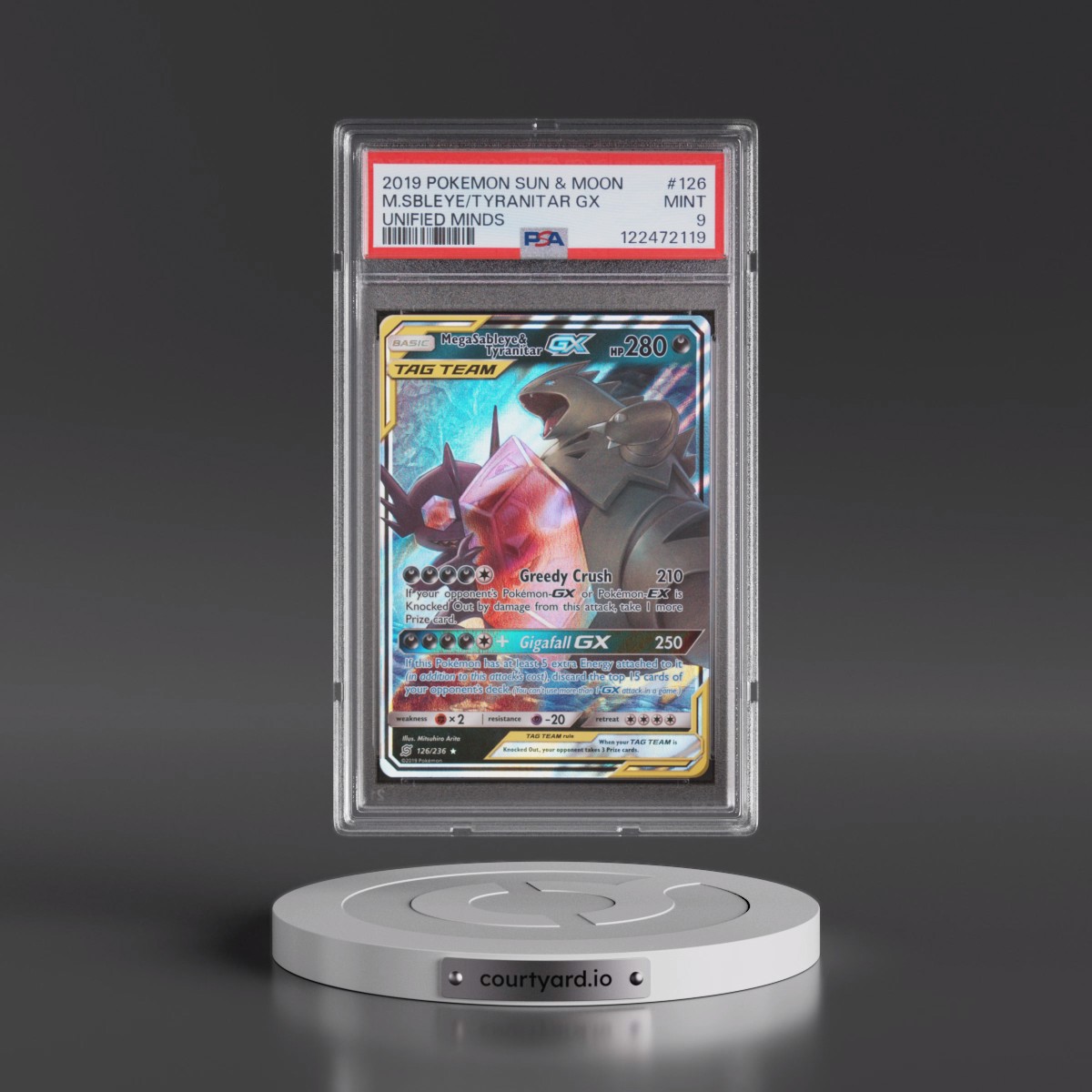 2019 Pokémon Sun & Moon Unified Minds #126 Mega Sableye & Tyranitar GX - Holo (PSA 9 MINT)