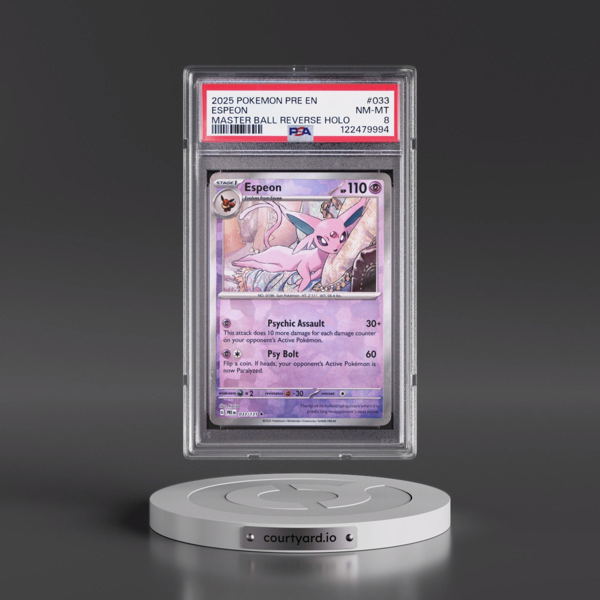 2025 Pokémon Pre EN-Prismatic Evolutions #033 Espeon - Reverse Holo Master Ball (PSA 8 NM-MT)