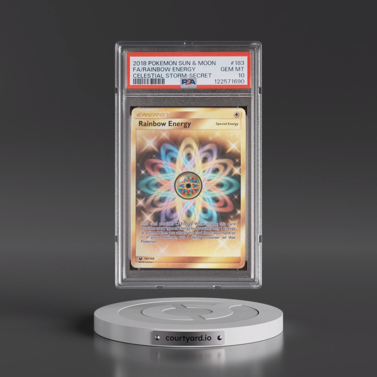 2018 Pokémon Sun & Moon Celestial Storm #183 Rainbow Energy - Full Art Secret (PSA 10 GEM MINT)