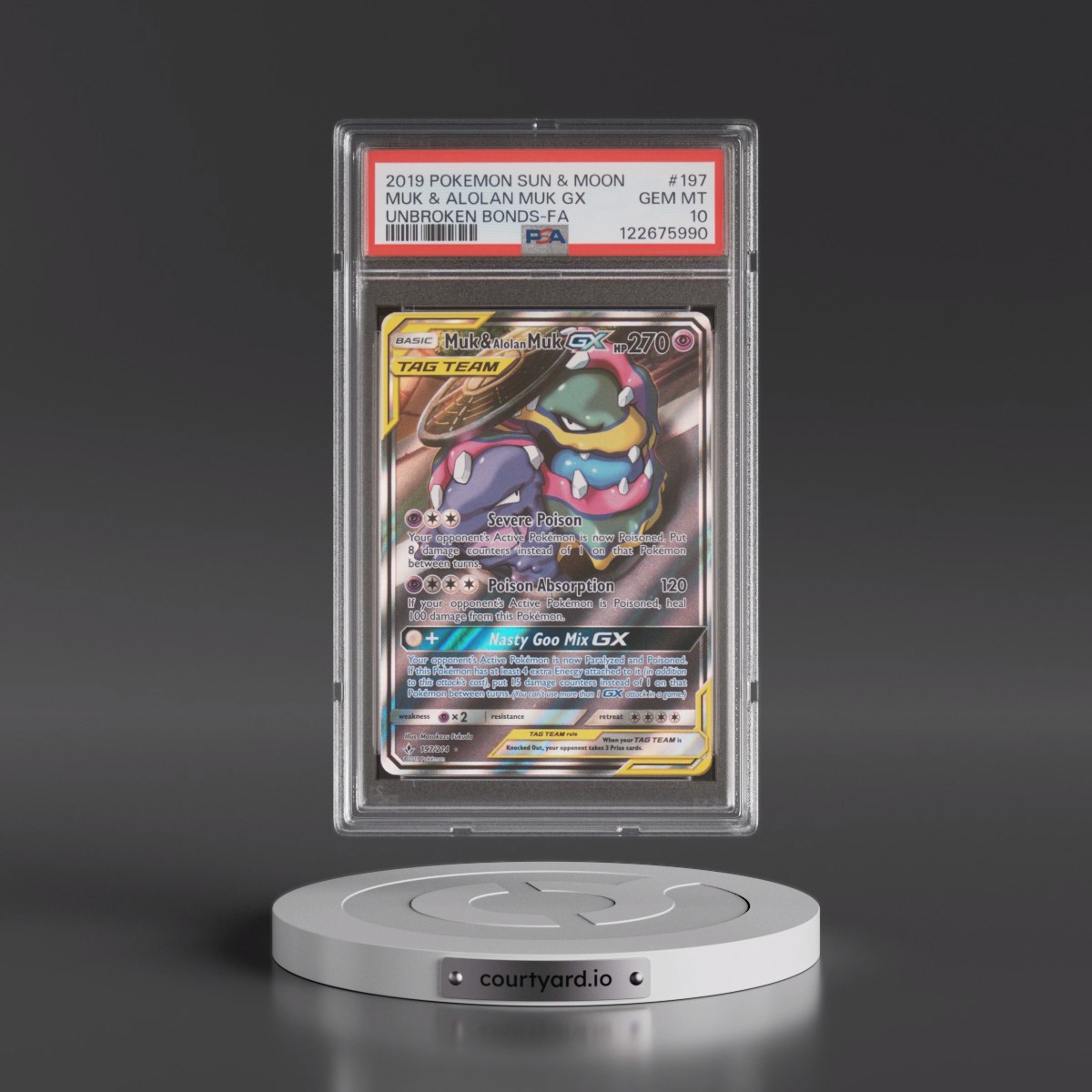 2019 Pokémon Sun & Moon Unbroken Bonds #197 Muk & Alolan Muk GX - Holo Full Art (PSA 10 GEM MINT)