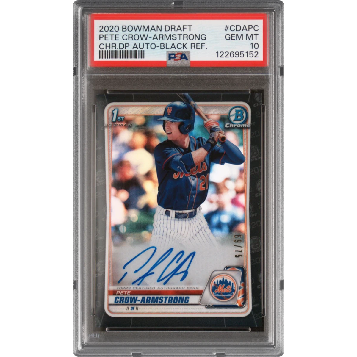 2020 Bowman Draft Chrome Draft Picks Autographs #CDAPC Pete Crow-Armstrong - Black Refractor (PSA 10 GEM MINT)