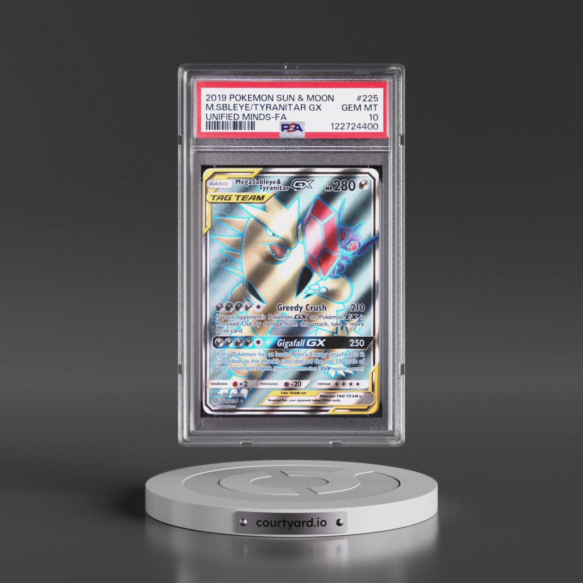 2019 Pokémon Sun & Moon Unified Minds #225 Mega Sableye & Tyranitar GX - Holo Full Art (PSA 10 GEM MINT)