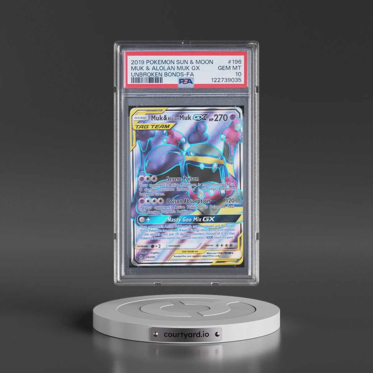 2019 Pokémon Sun & Moon Unbroken Bonds #196 Muk & Alolan Muk GX - Holo Full Art (PSA 10 GEM MINT)