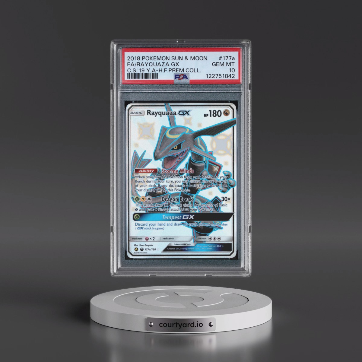 2018 Pokémon Sun & Moon Celestial Storm #177a Rayquaza GX - Holo Full Art 2019 Yellow A Hidden Fates Premium Collection (PSA 10 GEM MINT)