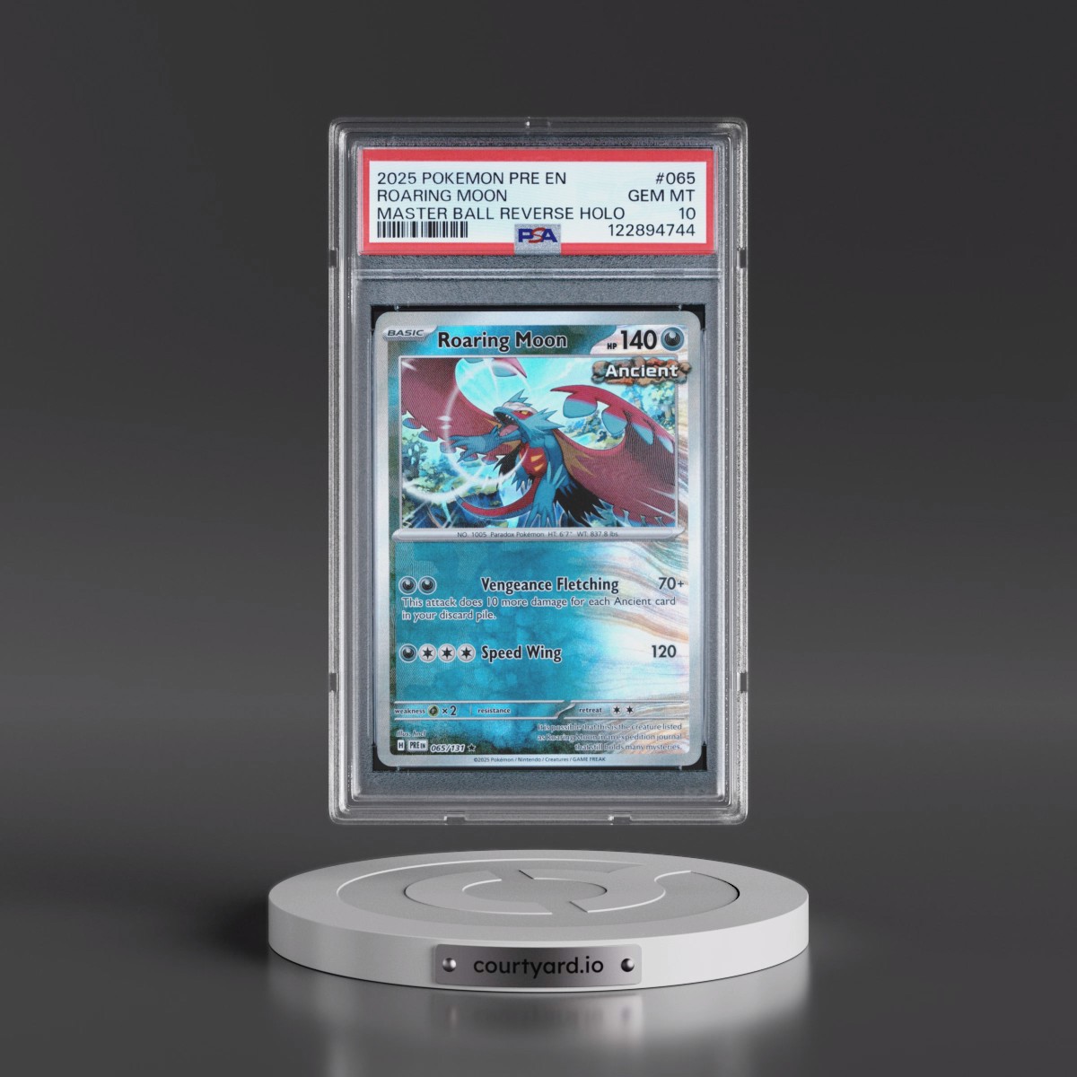 2025 Pokémon Pre EN-Prismatic Evolutions #065 Roaring Moon - Reverse Holo Master Ball (PSA 10 GEM MINT)