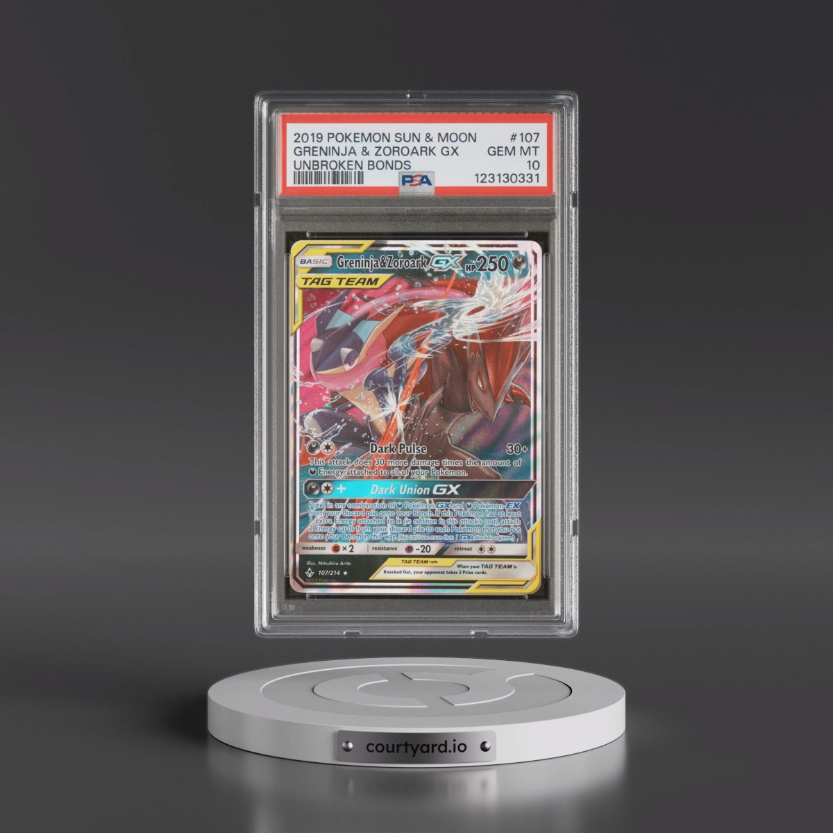 2019 Pokémon Sun & Moon Unbroken Bonds #107 Greninja & Zoroark GX - Holo (PSA 10 GEM MINT)