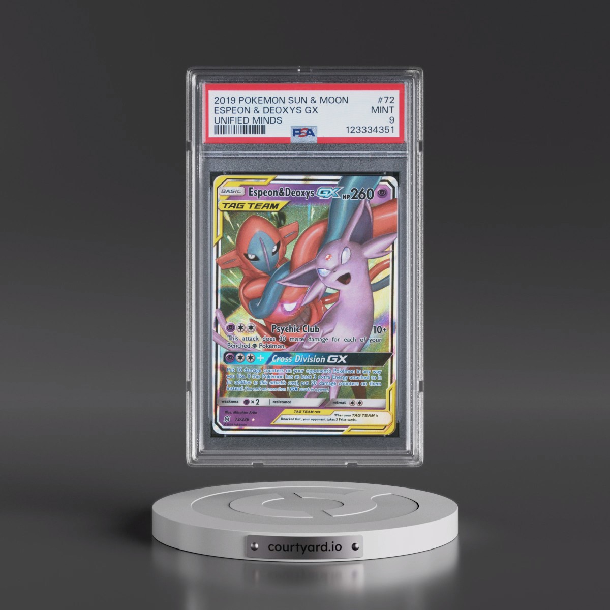 2019 Pokémon Sun & Moon Unified Minds #72 Espeon & Deoxys GX - Holo (PSA 9 MINT)