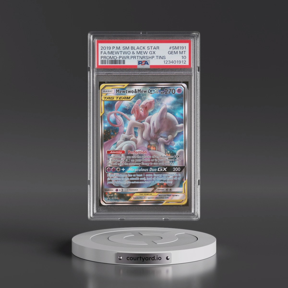 2019 Pokémon SM Black Star Promo #SM191 Mewtwo & Mew GX - Holo Full Art Power Partnership Tins (PSA 10 GEM MINT)