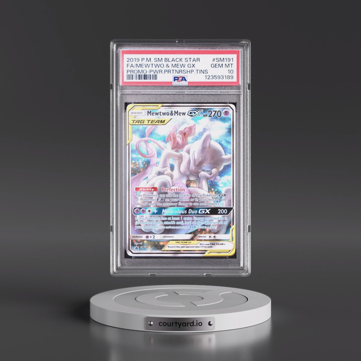 2019 Pokémon SM Black Star Promo #SM191 Mewtwo & Mew GX - Holo Full Art Power Partnership Tins (PSA 10 GEM MINT)