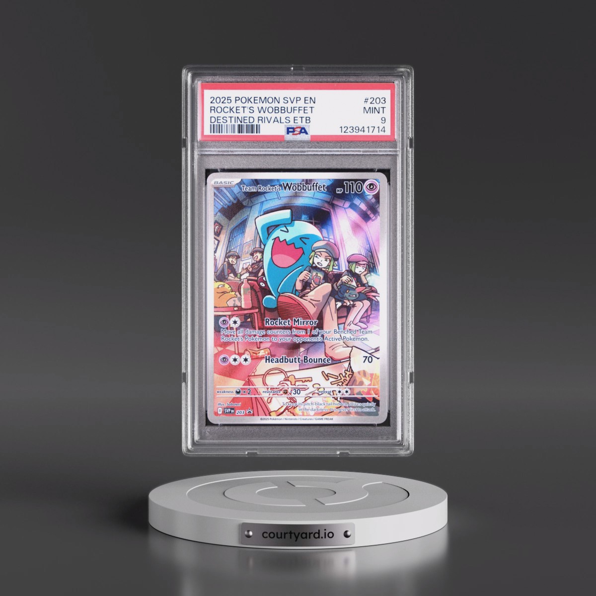 2025 Pokémon Svp EN-SV Black Star Promo #203 Team Rocket's Wobbuffet - Destined Rivals Elite Trainer Box (PSA 9 MINT)