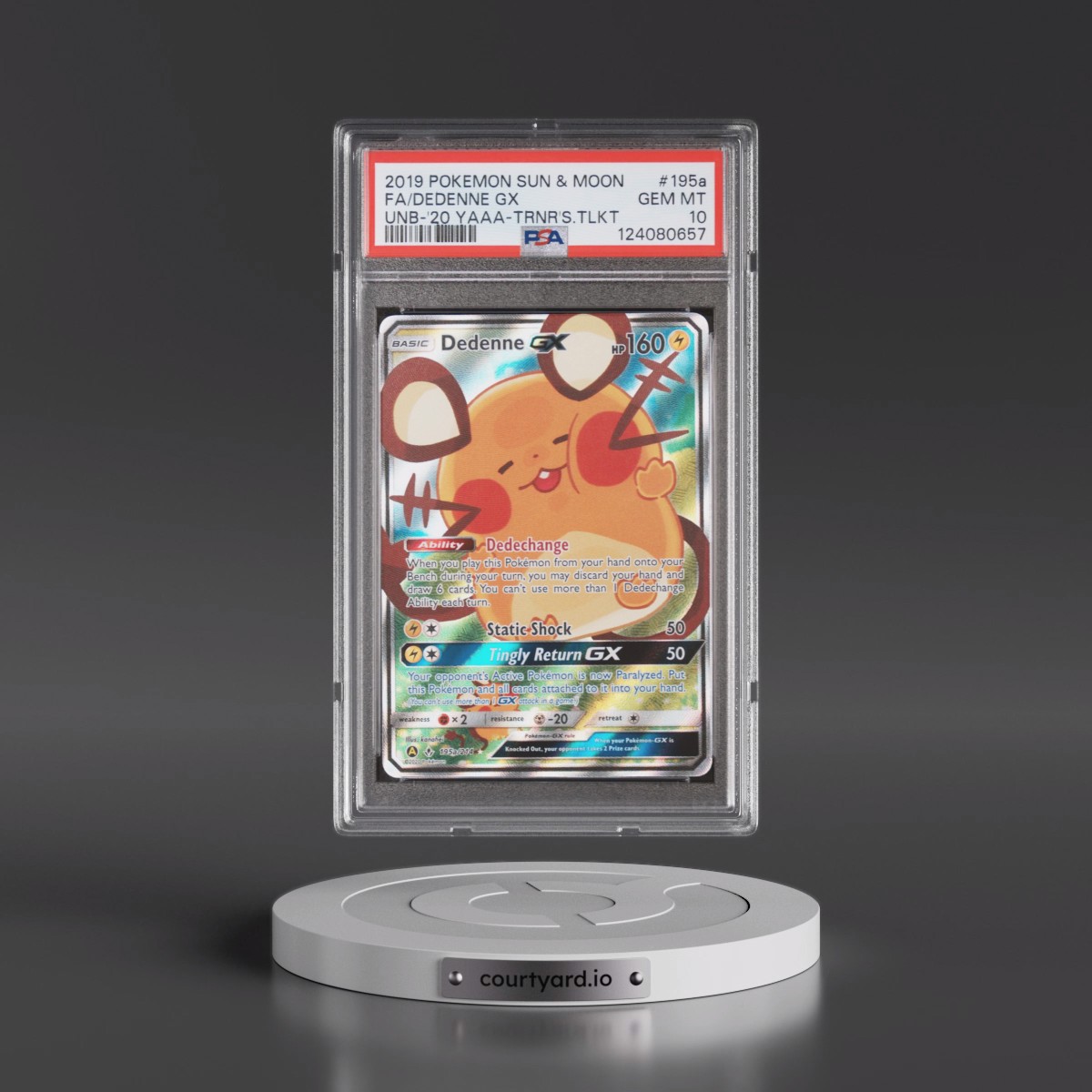 2019 Pokémon Sun & Moon Unbroken Bonds #195a Dedenne GX - Holo Full Art 2020 Yellow A Alternate Art Trainer's Toolkit (PSA 10 GEM MINT)