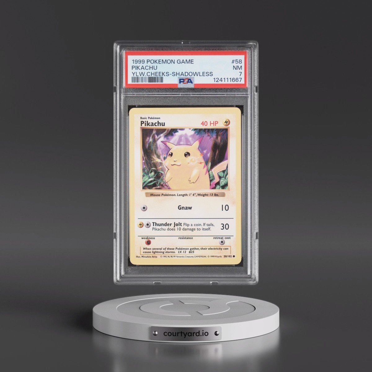 1999 Pokémon Game #58 Pikachu - Shadowless Yellow Cheeks (PSA 7 NM)