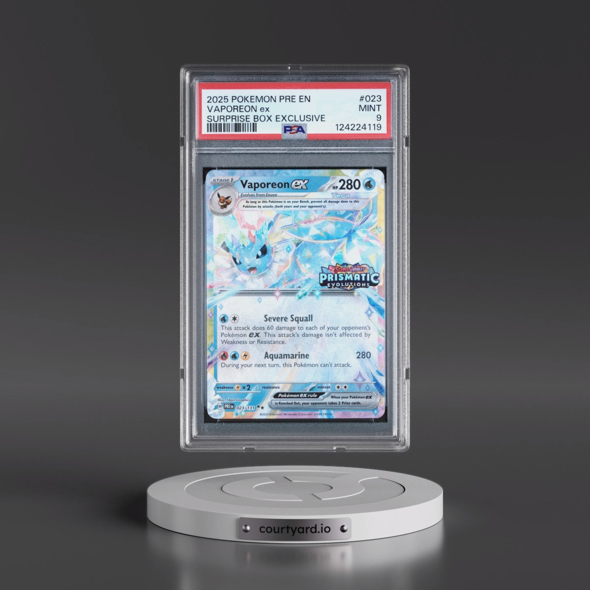 2025 Pokémon Pre EN-Prismatic Evolutions #023 Vaporeon EX - Holo Surprise Box Exclusive (PSA 9 MINT)