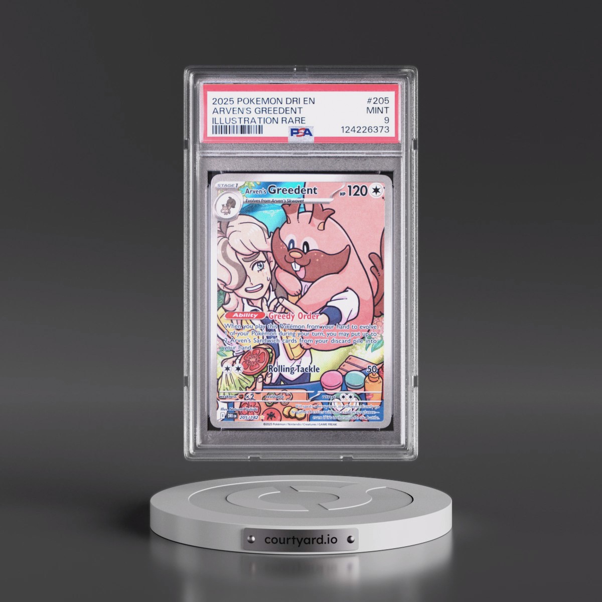 2025 Pokémon Dri EN-Destined Rivals #205 Arven's Greedent - Illustration Rare (PSA 9 MINT)