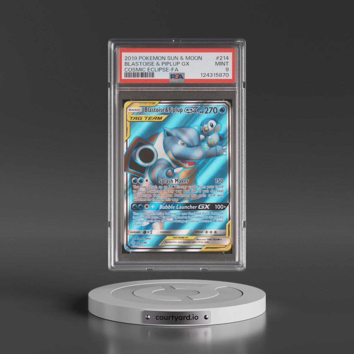 2019 Pokémon Sun & Moon Cosmic Eclipse #214 Blastoise & Piplup GX - Holo Full Art (PSA 9 MINT)