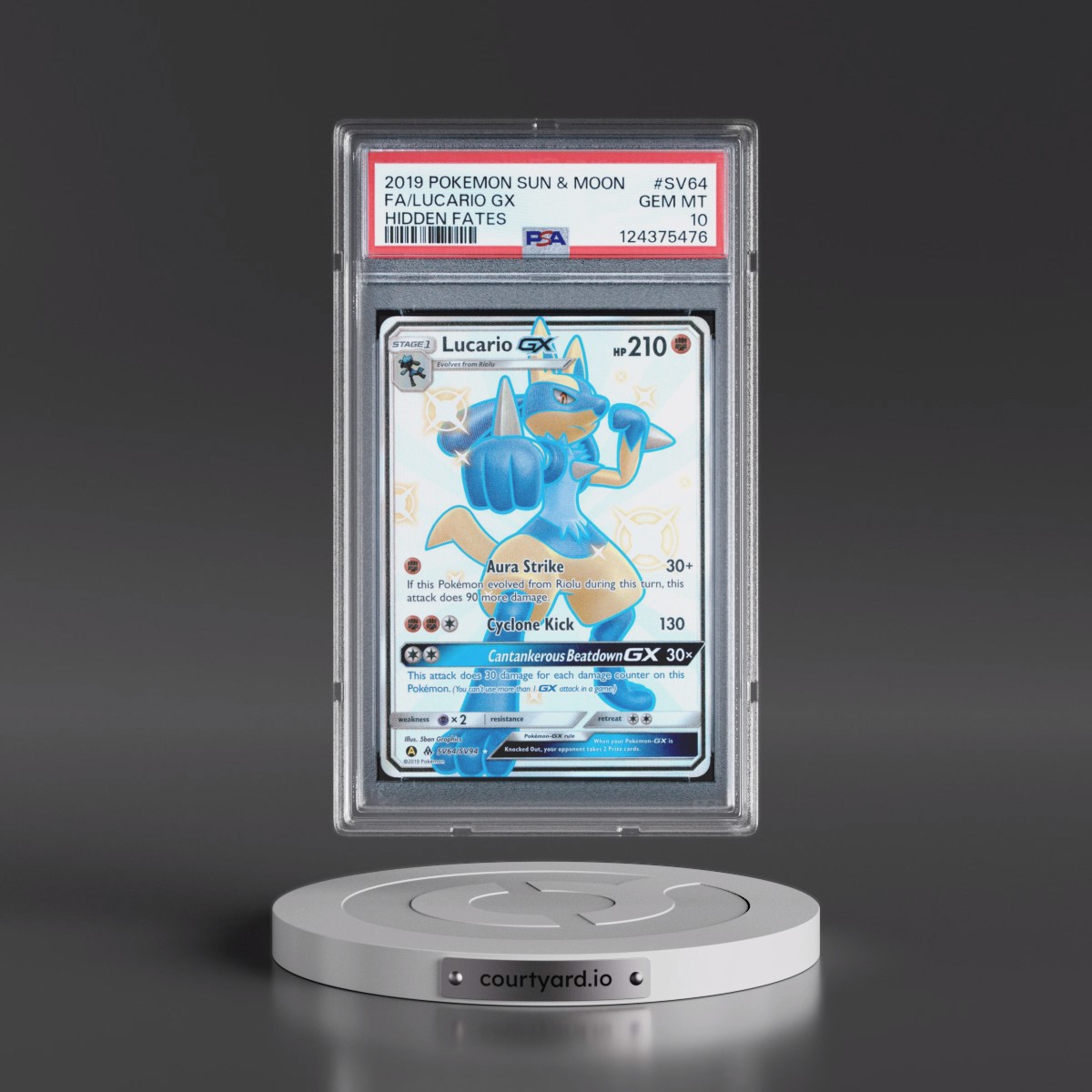2019 Pokémon Sun & Moon Hidden Fates #SV64 Lucario GX - Holo Full Art (PSA 10 GEM MINT)