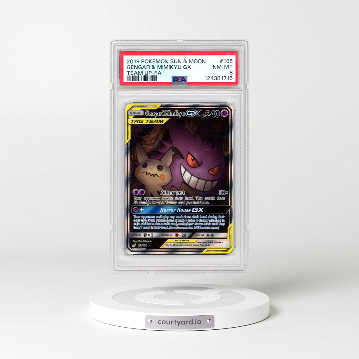 2019 Pokémon Sun & Moon Team Up #165 Gengar & Mimikyu GX - Holo Full Art (PSA 8 NM-MT)