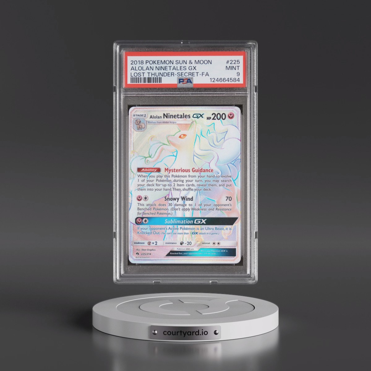 2018 Pokémon Sun & Moon Lost Thunder #225 Alolan Ninetales GX - Holo Full Art Secret (PSA 9 MINT)