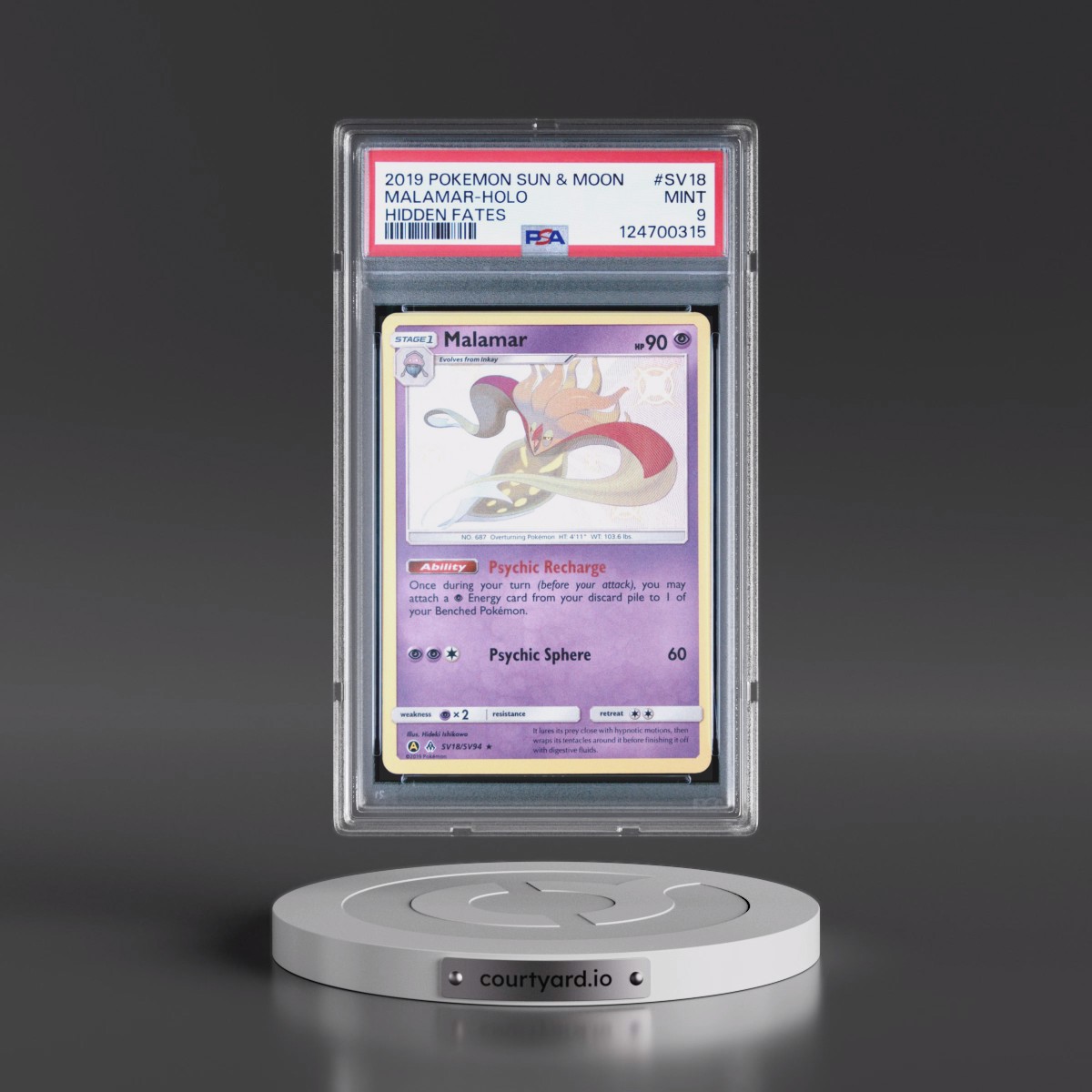 2019 Pokémon Sun & Moon Hidden Fates #SV18 Malamar - Holo (PSA 9 MINT)
