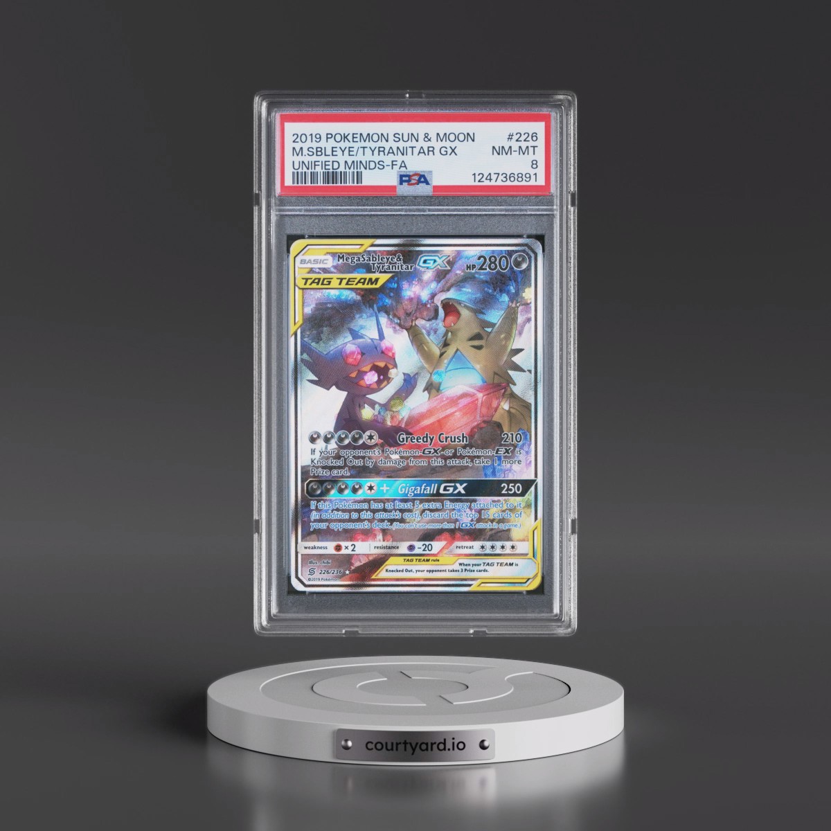 2019 Pokémon Sun & Moon Unified Minds #226 Mega Sableye & Tyranitar GX - Holo Full Art (PSA 8 NM-MT)