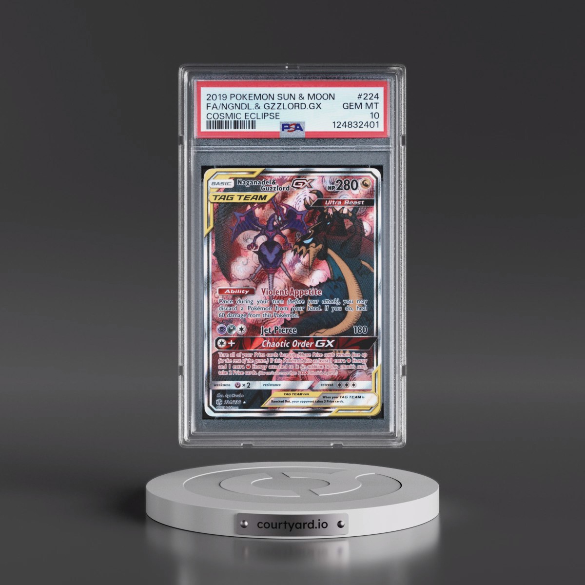 2019 Pokémon Sun & Moon Cosmic Eclipse #224 Naganadel & Guzzlord GX - Holo Full Art (PSA 10 GEM MINT)