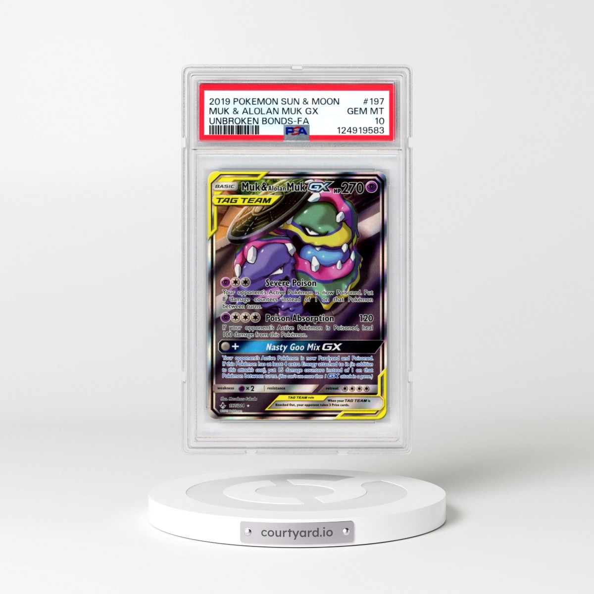 2019 Pokémon Sun & Moon Unbroken Bonds #197 Muk & Alolan Muk GX - Holo Full Art (PSA 10 GEM MINT)