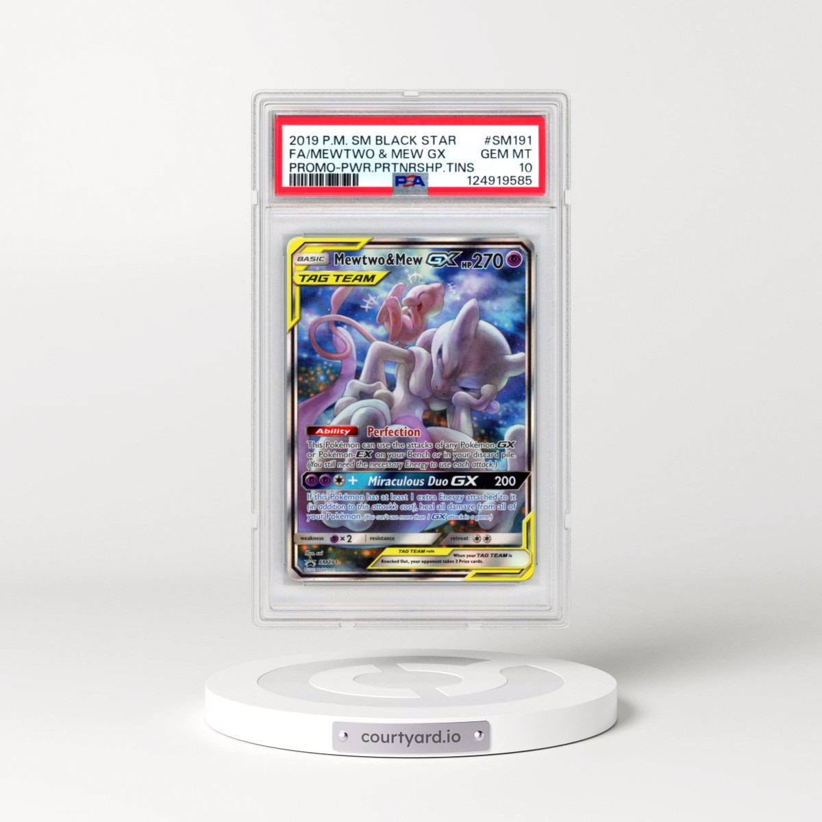 2019 Pokémon SM Black Star Promo #SM191 Mewtwo & Mew GX - Holo Full Art Power Partnership Tins (PSA 10 GEM MINT)