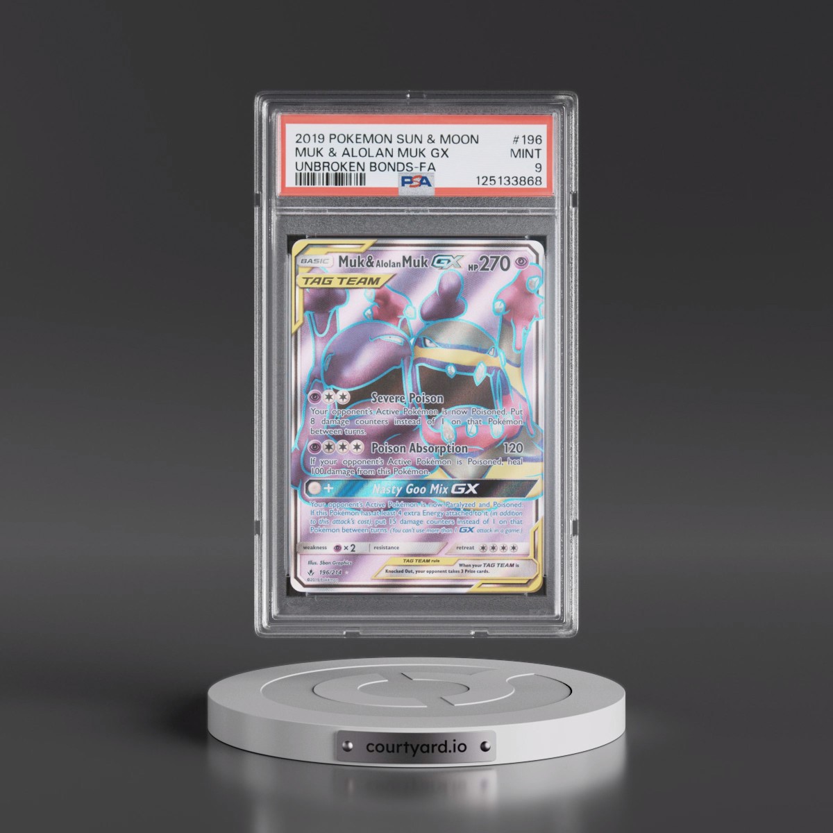 2019 Pokémon Sun & Moon Unbroken Bonds #196 Muk & Alolan Muk GX - Holo Full Art (PSA 9 MINT)
