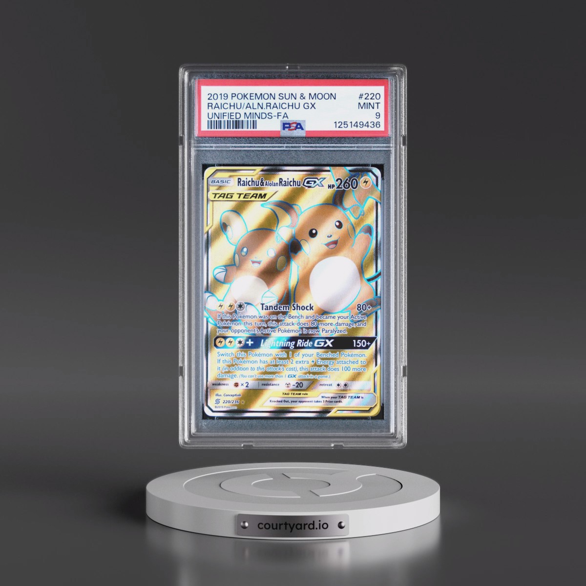 2019 Pokémon Sun & Moon Unified Minds #220 Raichu & Alolan Raichu GX - Holo Full Art (PSA 9 MINT)