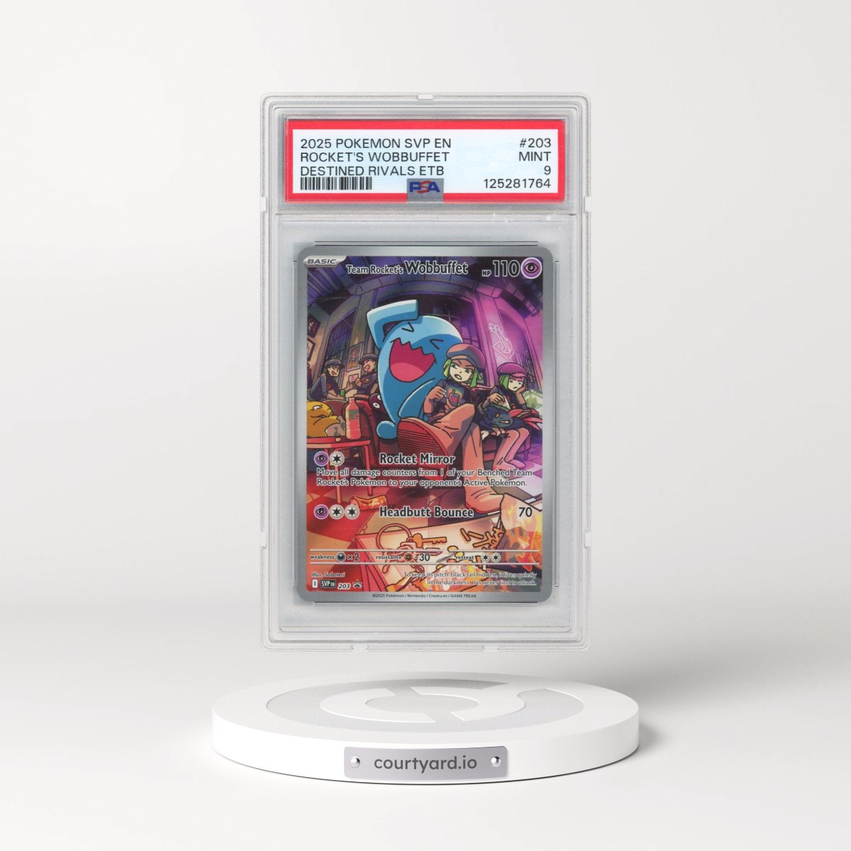 2025 Pokémon Svp EN-SV Black Star Promo #203 Team Rocket's Wobbuffet - Destined Rivals Elite Trainer Box (PSA 9 MINT)