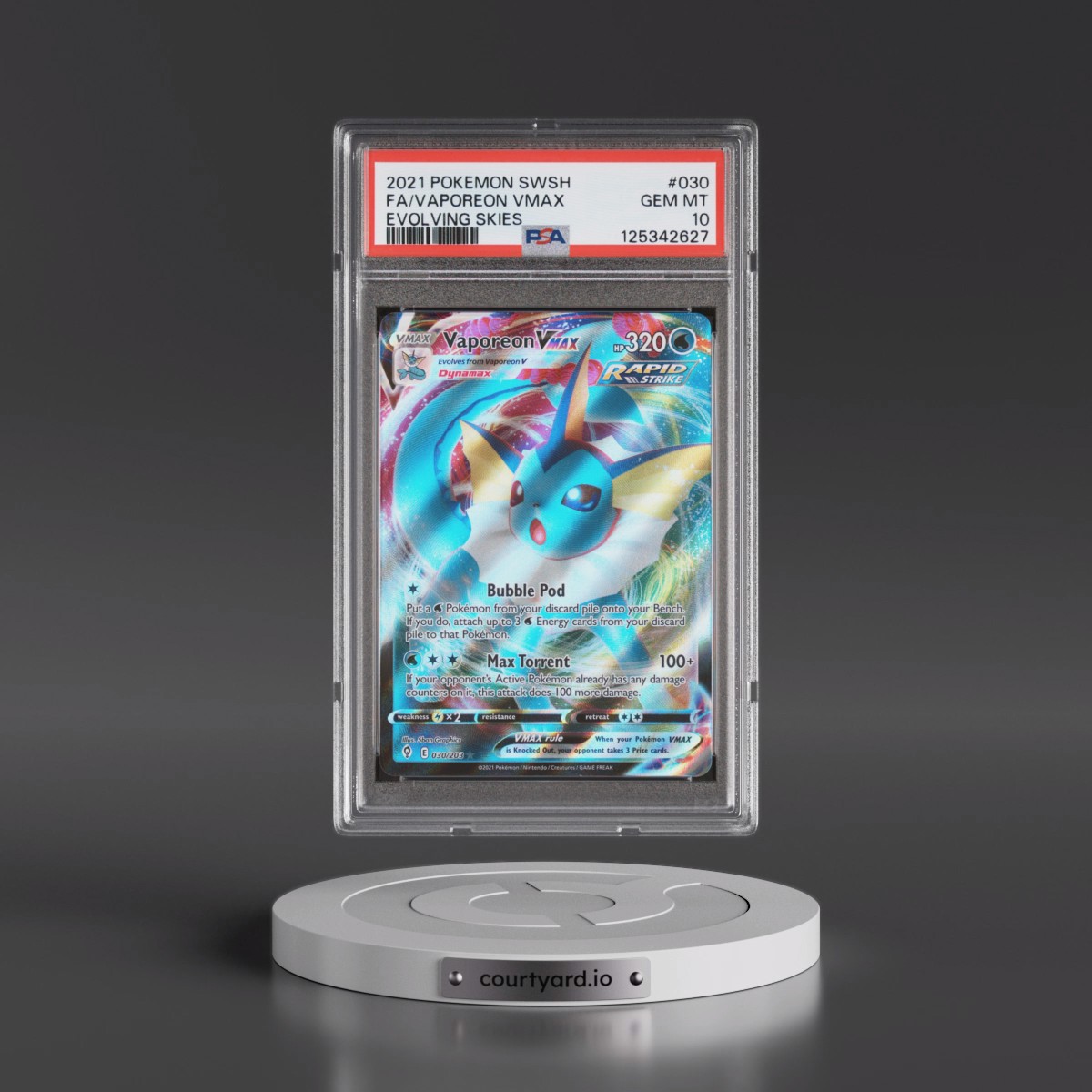 2021 Pokémon Sword & Shield Evolving Skies #030 Vaporeon Vmax - Full Art (PSA 10 GEM MINT)