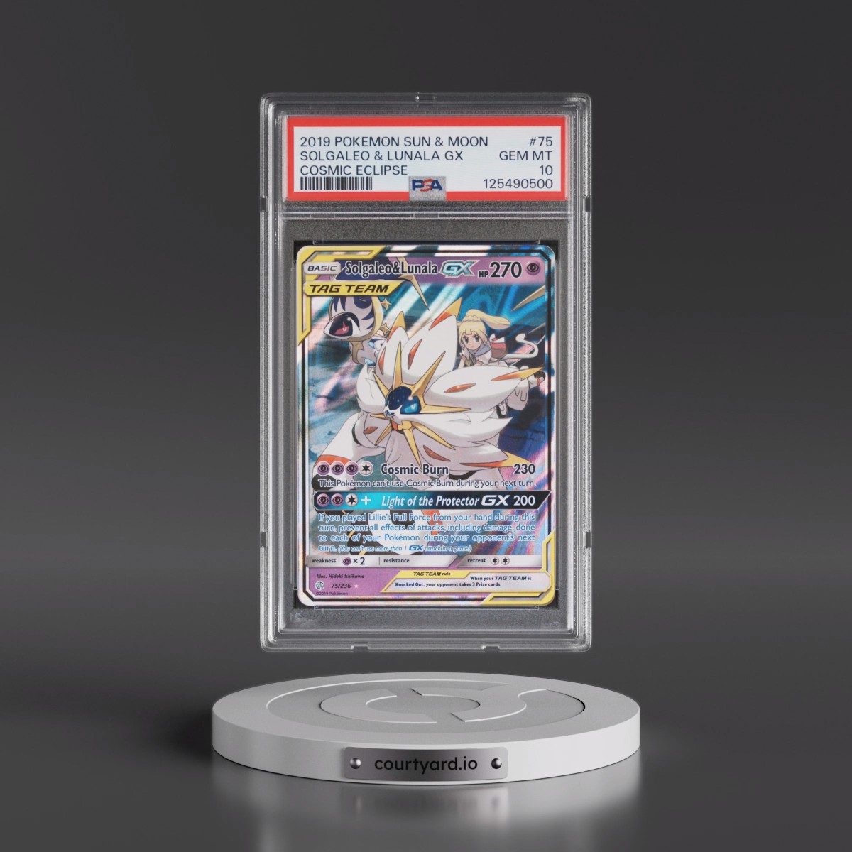 2019 Pokémon Sun & Moon Cosmic Eclipse #75 Solgaleo & Lunala GX - Holo (PSA 10 GEM MINT)