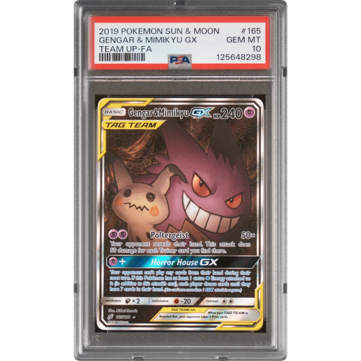 2019 Pokémon Sun & Moon Team Up #165 Gengar & Mimikyu GX - Holo Full Art (PSA 10 GEM MINT)