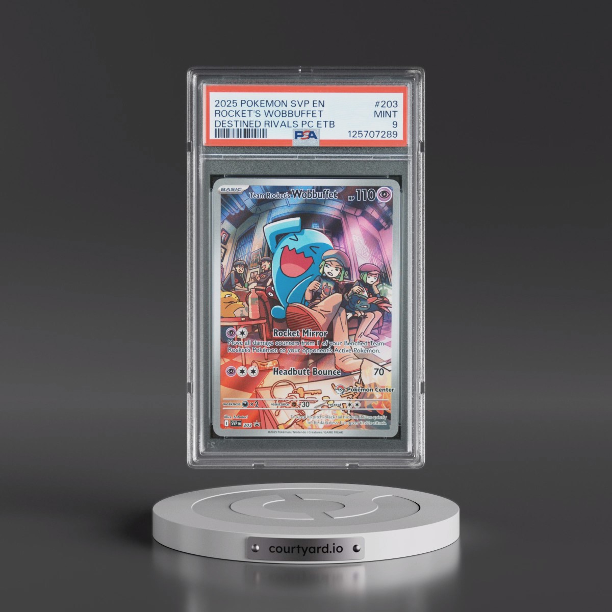 2025 Pokémon Svp EN-SV Black Star Promo #203 Team Rocket's Wobbuffet - Destined Rivals Pokemon Center Elite Trainer Box (PSA 9 MINT)