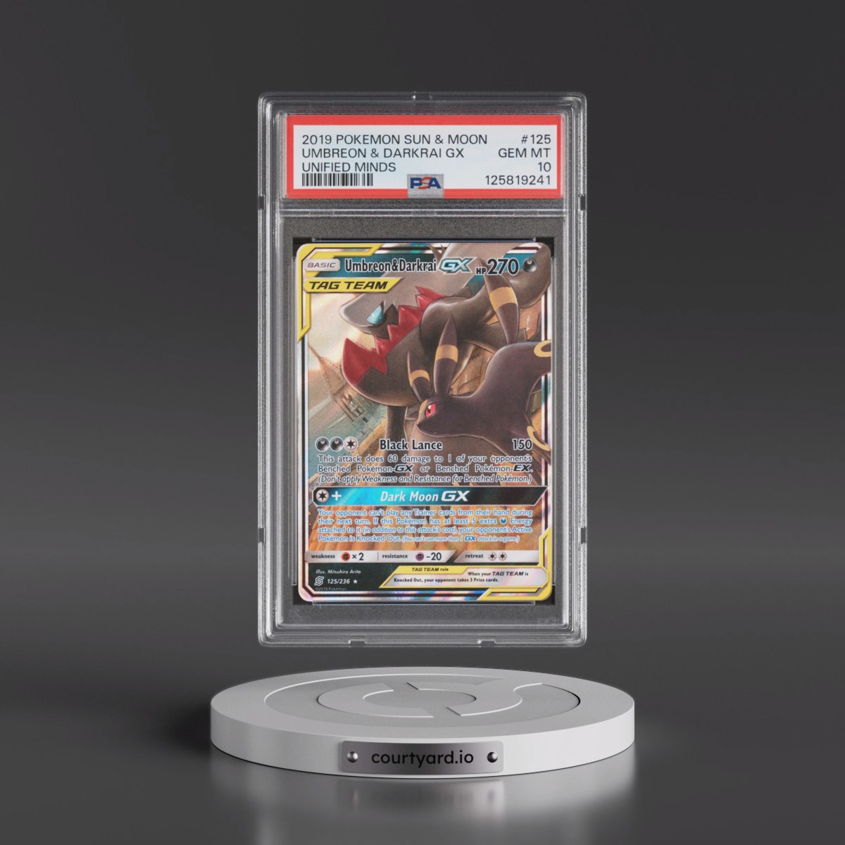 2019 Pokémon Sun & Moon Unified Minds Umbreon & Darkrai GX - Holo #125 PSA 10