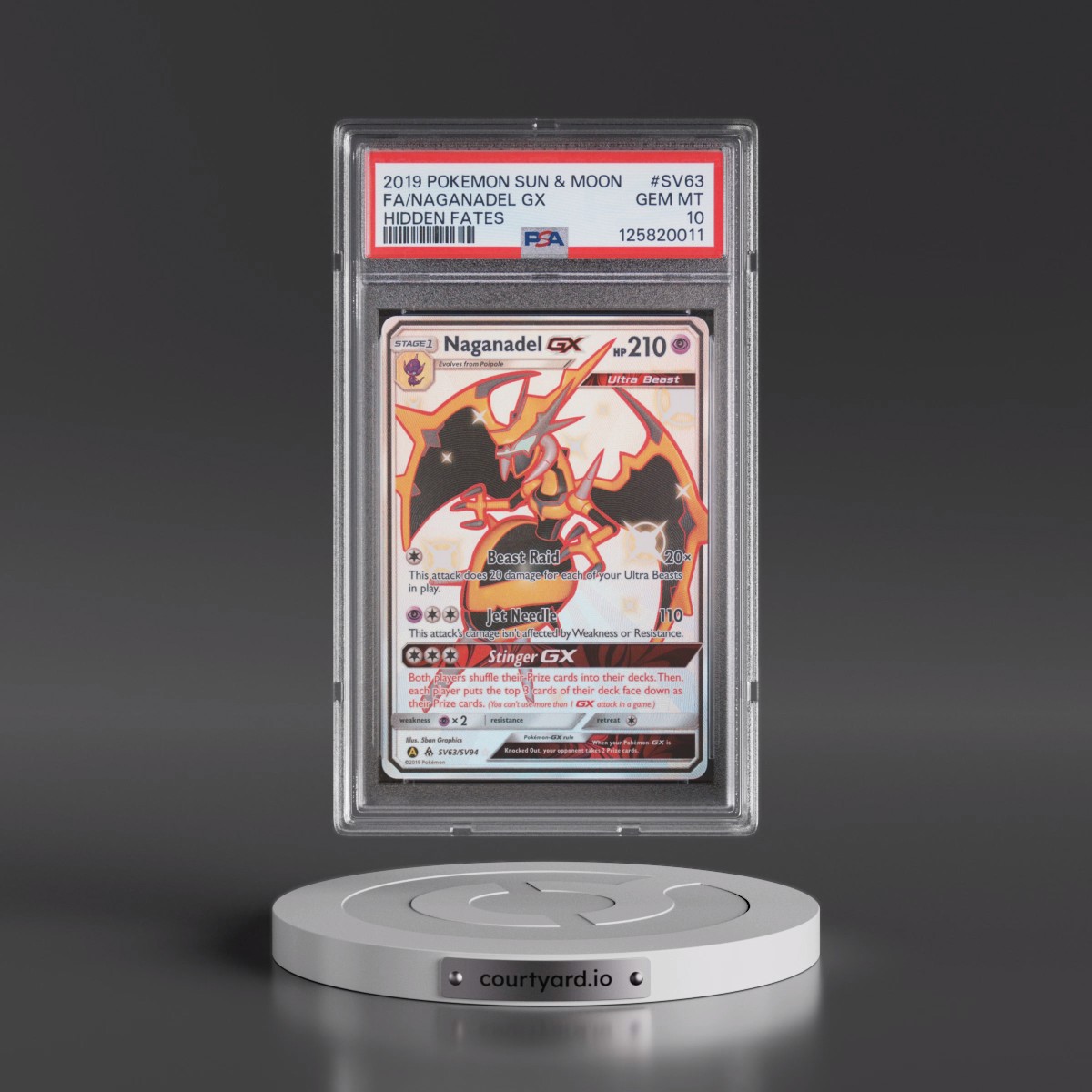 2019 Pokémon Sun & Moon Hidden Fates #SV63 Naganadel GX - Holo Full Art (PSA 10 GEM MINT)