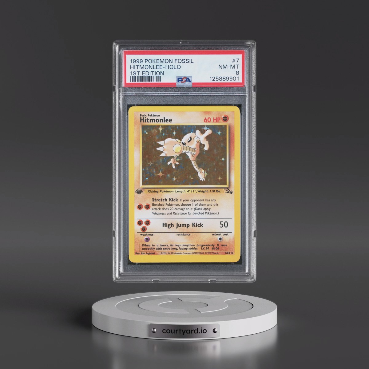 1999 Pokémon Fossil #7 Hitmonlee - 1st Edition Holo (PSA 8 NM-MT)