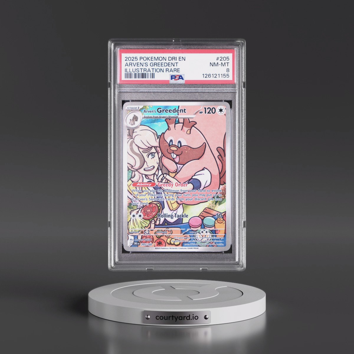 2025 Pokémon Dri EN-Destined Rivals #205 Arven's Greedent - Illustration Rare (PSA 8 NM-MT)