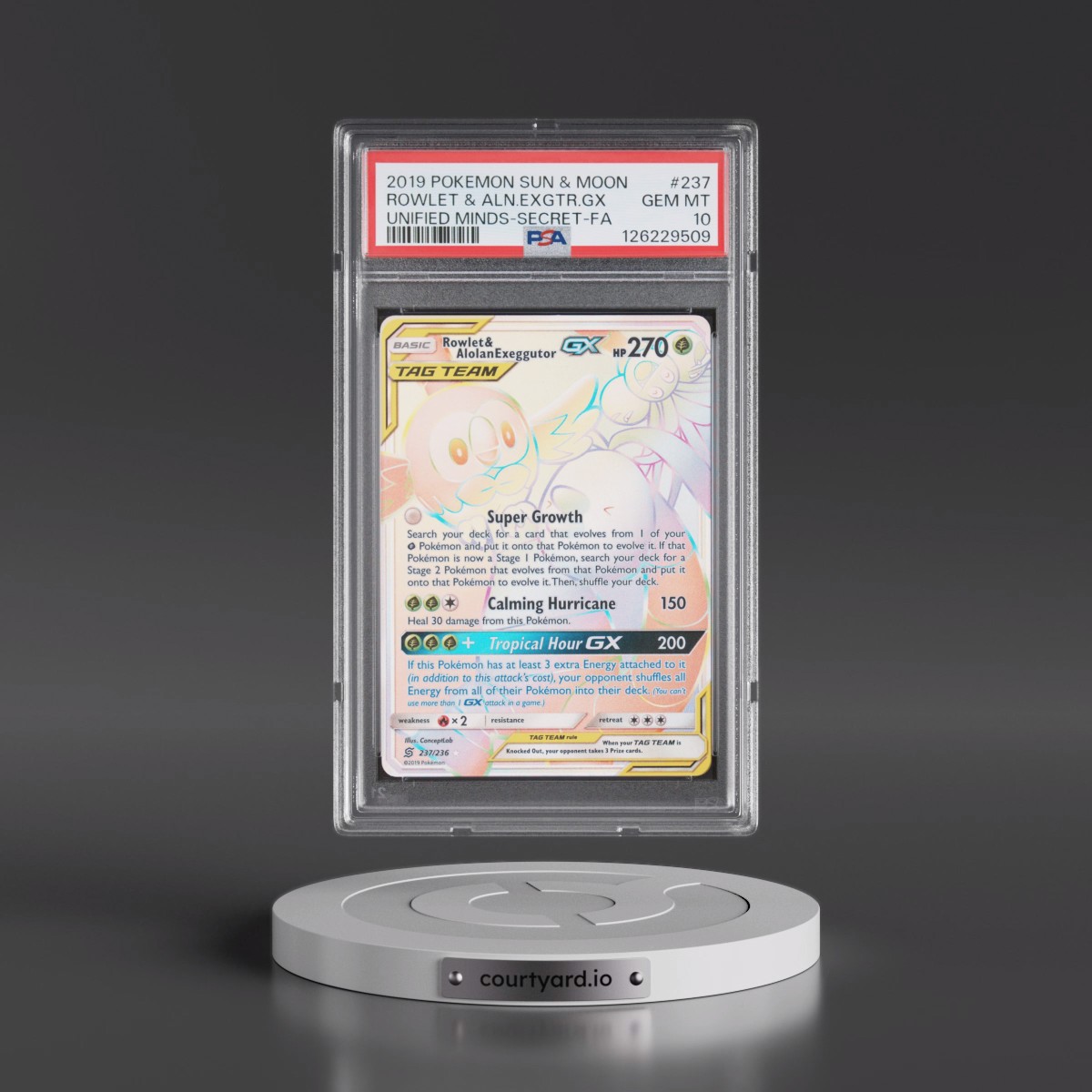2019 Pokémon Sun & Moon Unified Minds #237 Rowlet & Alolan Exeggutor GX - Holo Full Art Secret (PSA 10 GEM MINT)