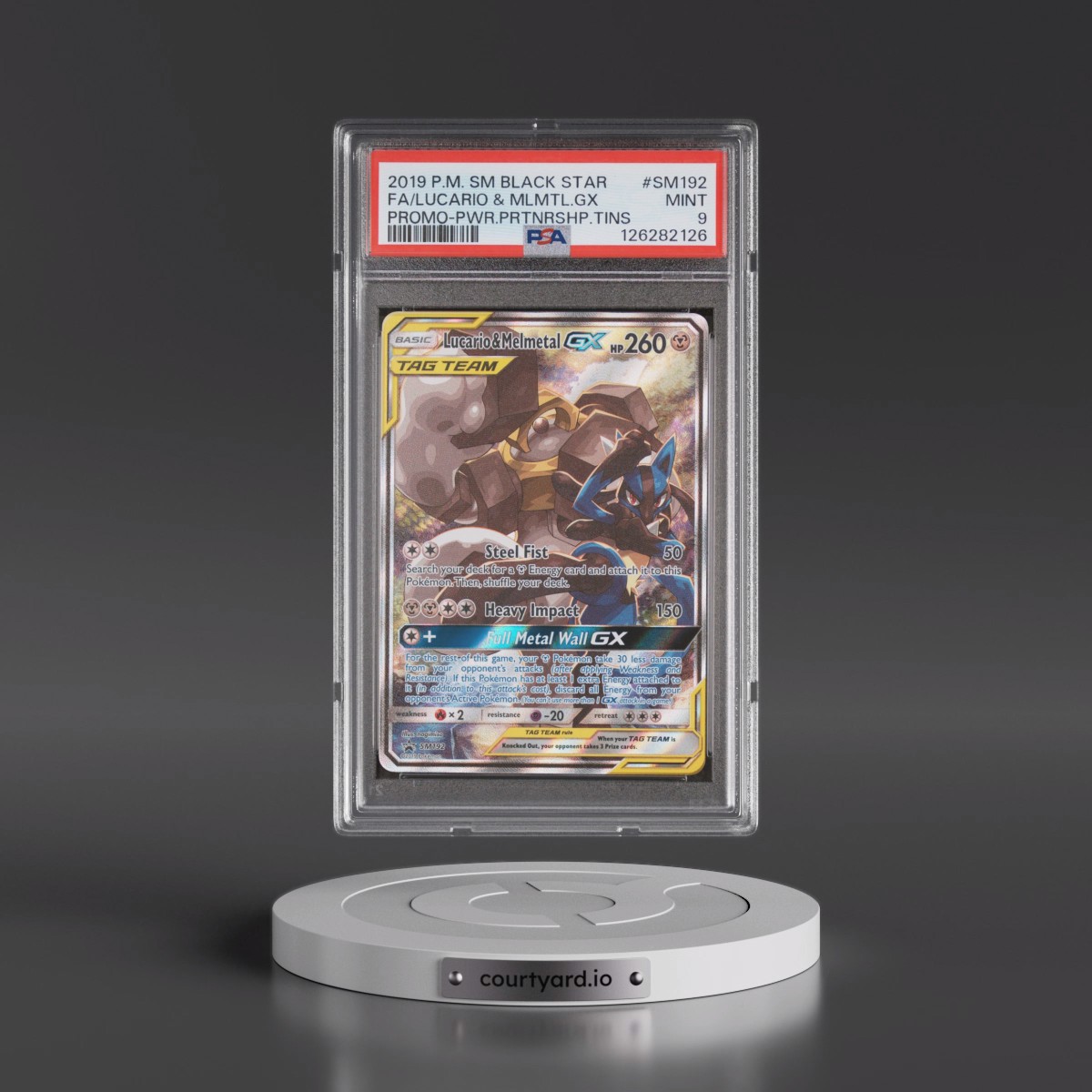 2019 Pokémon SM Black Star Promo #SM192 Lucario & Melmetal GX - Holo Full Art Power Partnership Tins (PSA 9 MINT)