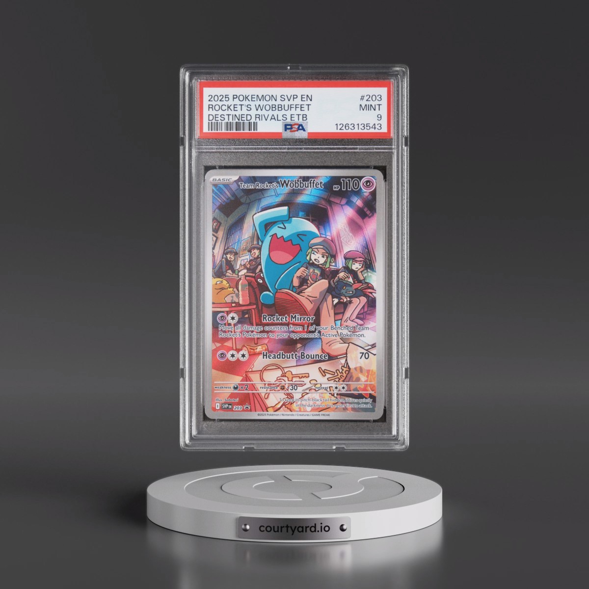 2025 Pokémon Svp EN-SV Black Star Promo #203 Team Rocket's Wobbuffet - Destined Rivals Elite Trainer Box (PSA 9 MINT)