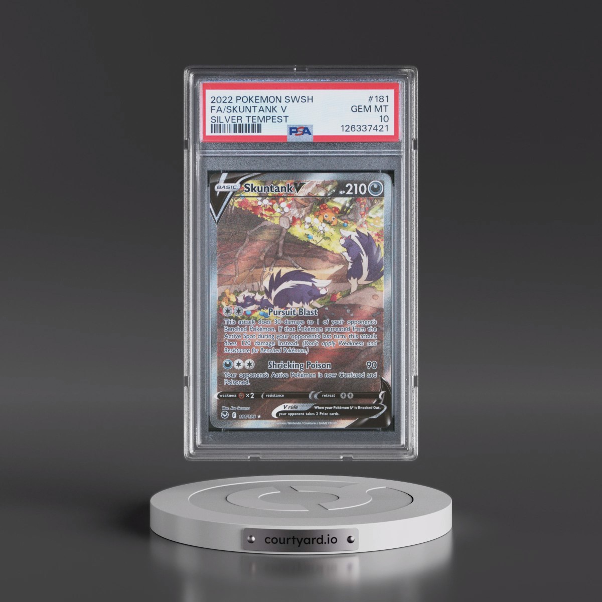 2022 Pokémon Sword & Shield Silver Tempest #181 Skuntank V - Holo Full Art (PSA 10 GEM MINT)