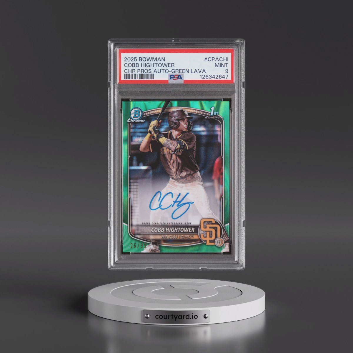 2025 Bowman Chrome Prospect Autographs Cobb Hightower - Green Lava #CPACHI PSA 9