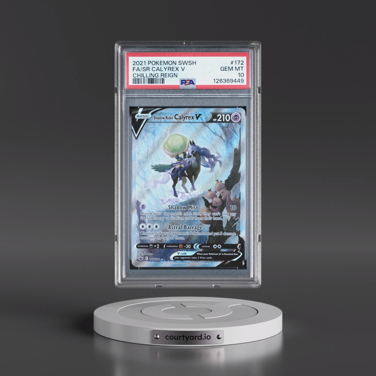 2021 Pokémon Sword & Shield Chilling Reign #172 Shadow Rider Calyrex V - Holo Full Art (PSA 10 GEM MINT)