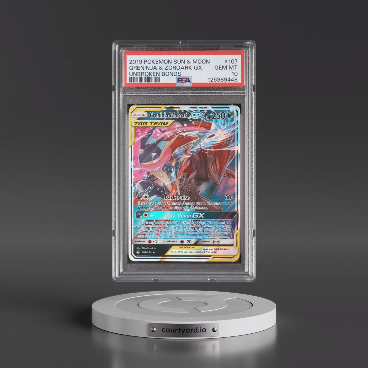2019 Pokémon Sun & Moon Unbroken Bonds #107 Greninja & Zoroark GX - Holo (PSA 10 GEM MINT)