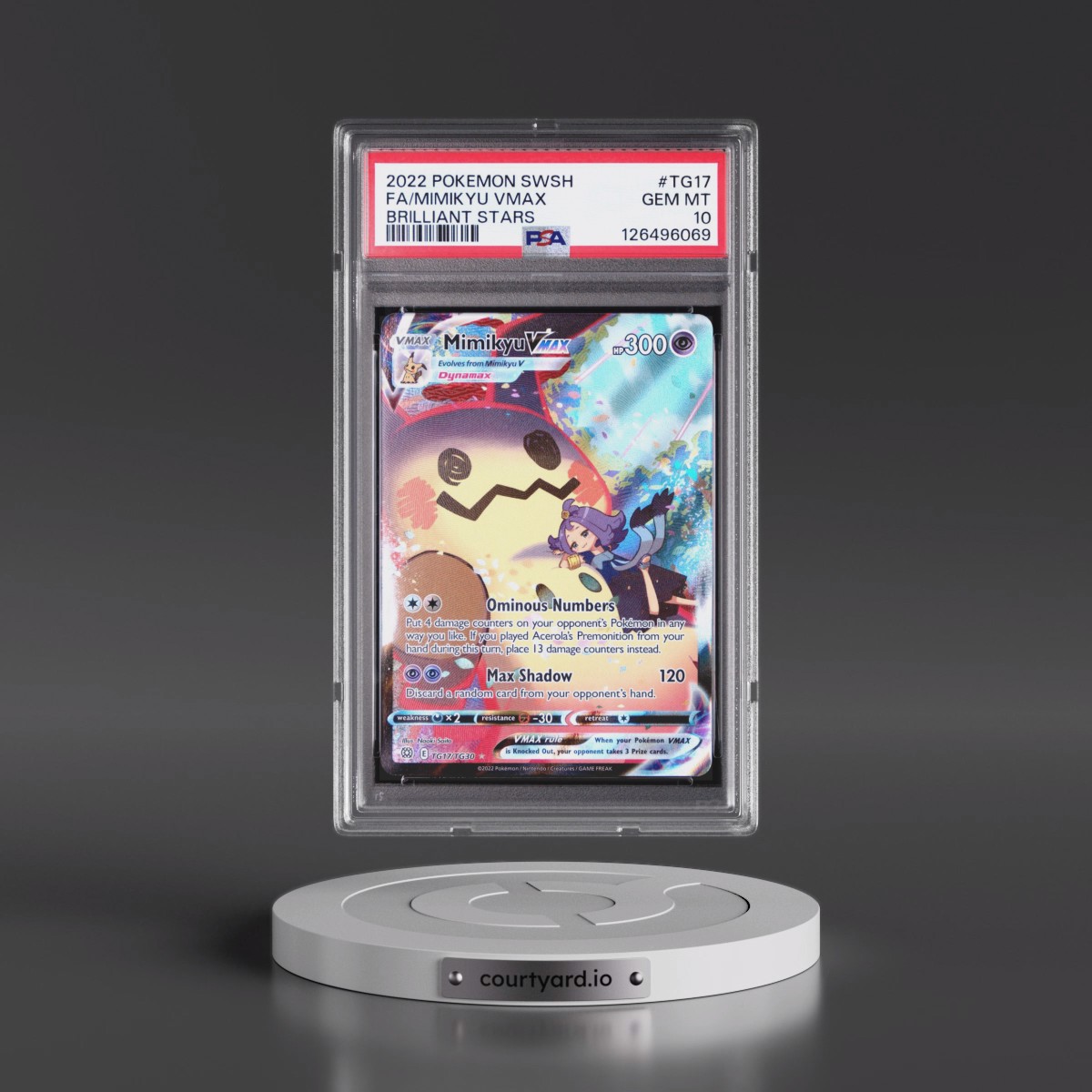 2022 Pokémon Sword & Shield Brilliant Stars #TG17 Mimikyu Vmax - Full Art (PSA 10 GEM MINT)