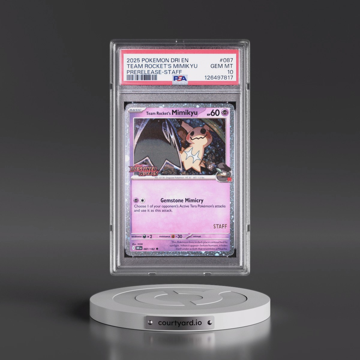 2025 Pokémon Dri EN-Destined Rivals #087 Team Rocket's Mimikyu - Prerelease-Staff (PSA 10 GEM MINT)
