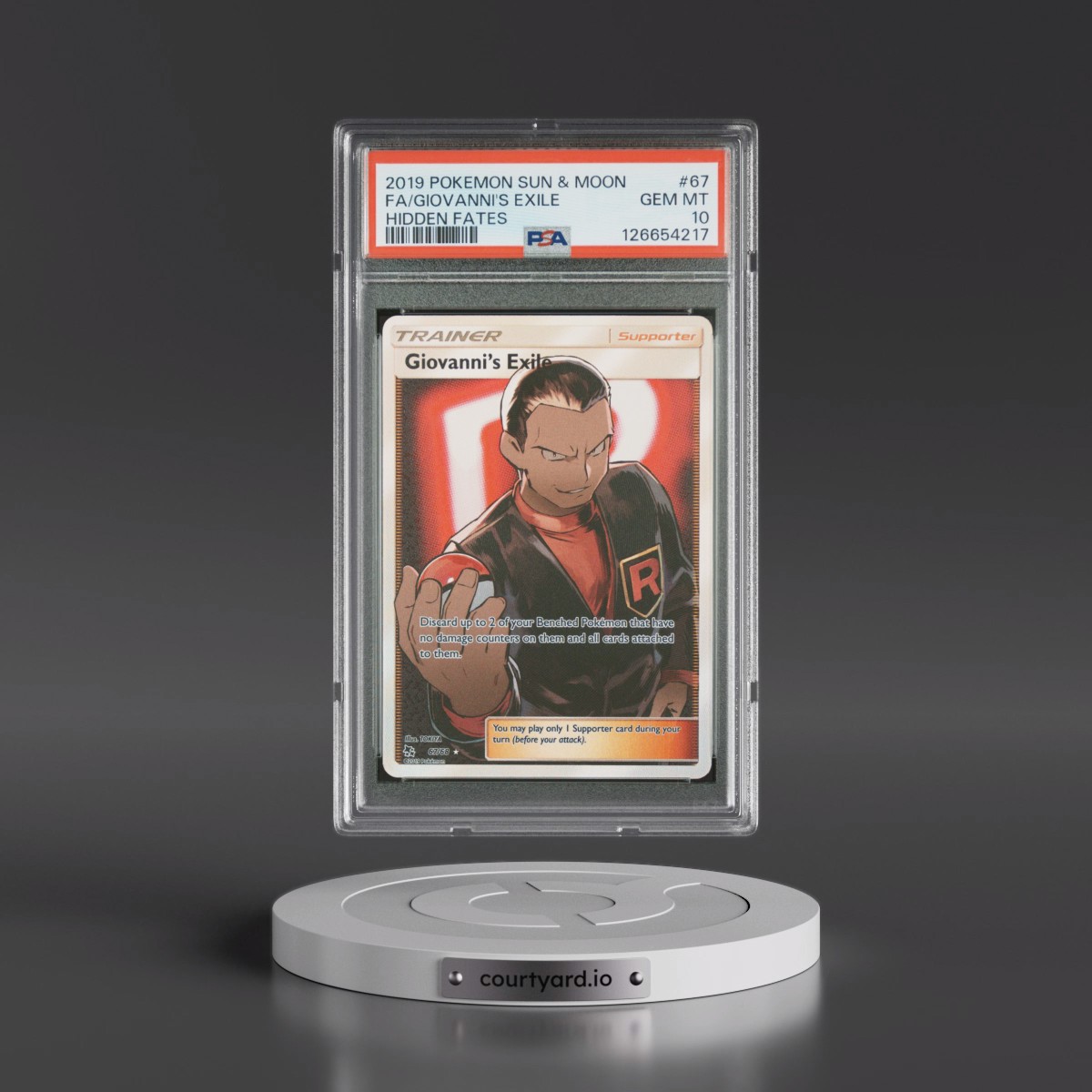 2019 Pokémon Sun & Moon Hidden Fates #67 Giovanni's Exile - Full Art (PSA 10 GEM MINT)